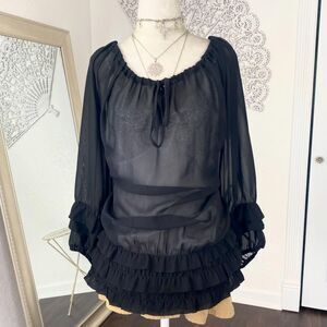 Ashro 2000's Boho Witchy Whimsygoth Black Sheer Mesh Cinched Oversized Top 16 XL